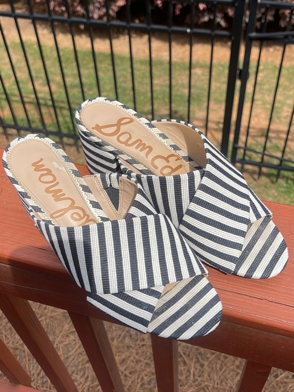Sam Edelman Navy & White Striped Crisscross Mule Wedges